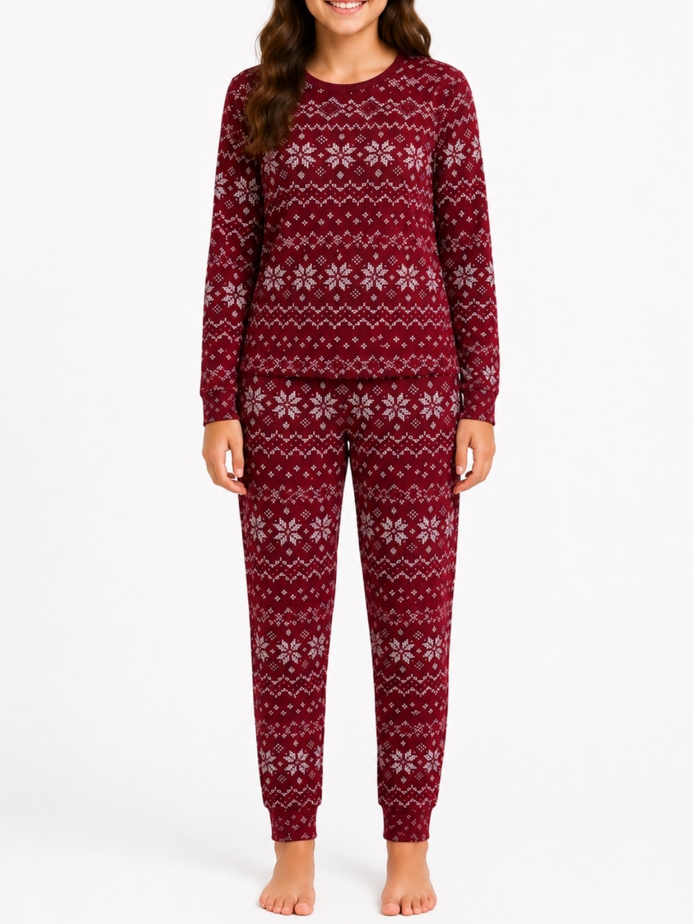 AR kids maroon tribal snowflake print matching winter pajama set size 16